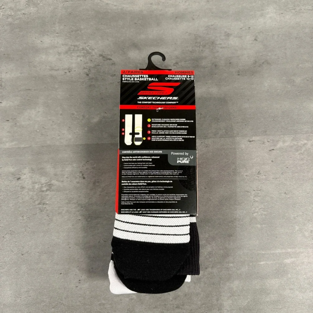 Skechers Basketball Crew Socks Mens L Z00884HBWBK White Black 2-Pack NEW
